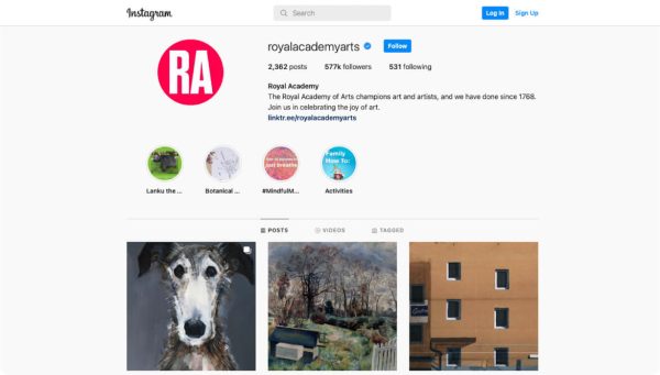 Prif dudalen Instagram yr Academi Frenhinol