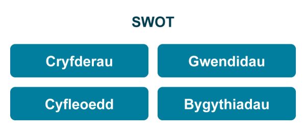 SWOT (asesu Cryfderau, Gwendidau, Cyfleoedd a Bygythiadau sefydliadol).