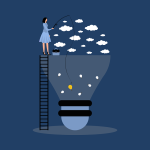A drawing of a woman at the top of a ladder that is leaning against a giant lightbulb.