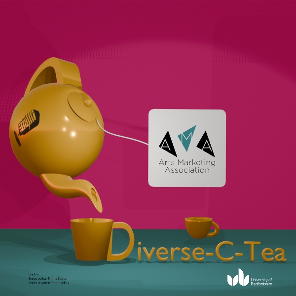 A yellow teapot floats in mid-air pouring tea into a yellow mug. Includes Arts Marketing Association logo and the words: Diverse-C-Tea