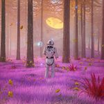 A person in a spacesuit walking through a forest