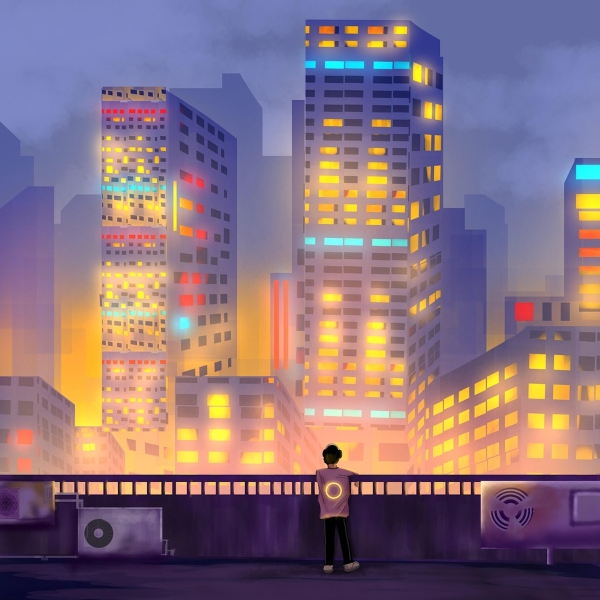 A teenager look from a long balcony out at a colourful cityscape full of towering buildings.