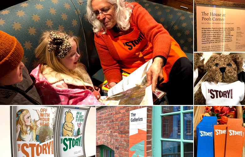 A collage of images: A volunteer with an orange apron with the words Story Museum sits next to a smiling child reading a large book. Two large outdoor posters advertising the museum. The welcoming glass door entrance.