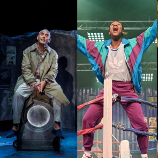 a collage of two images. Both men. One in a trenchcoat sat on a washing machine. The other in a boxing ring wearing a colourful tracksuit arms reaching upwards.