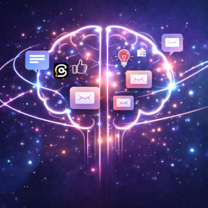 Futuristic glowing brain connected to email, social media and idea icons representing AI tools used in modern marketing.