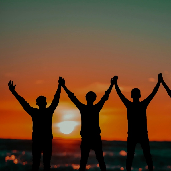 A golden sunset. 3 figures silhouetted, holding each others hands, standing a row with arms raised to the sky
